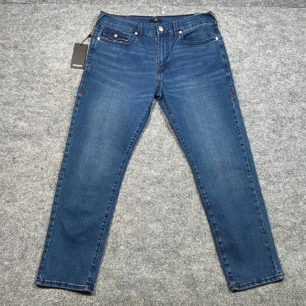 True Religion Geno Relaxed Slim Jeans Dark Shivering Wash Blue Mens 36 NWT